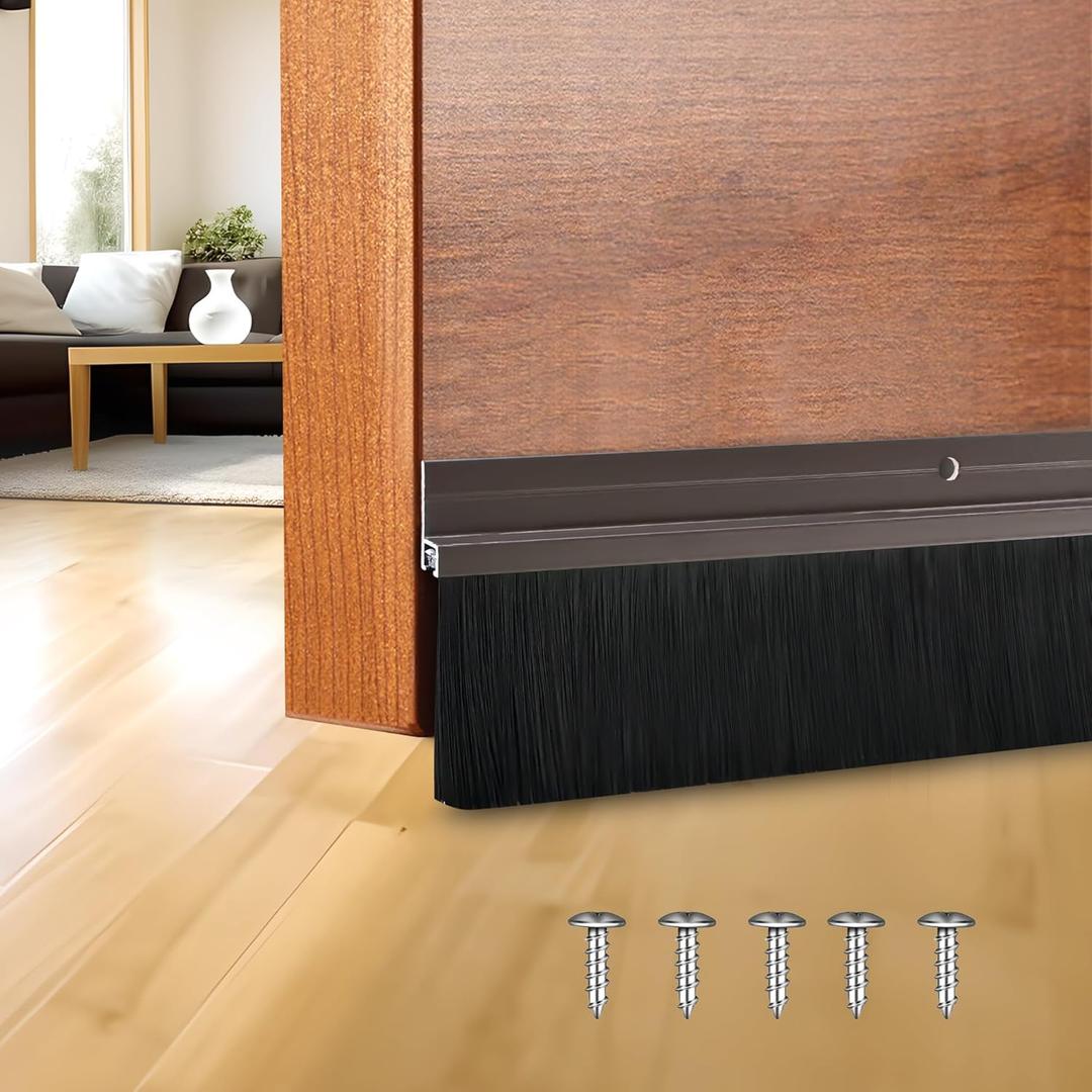 36 inch Door Sweep for Exterior Doors with 2 inch PP Soft Brush, Aluminum Dustproof Bottom of Door Weatherstrip, Brown