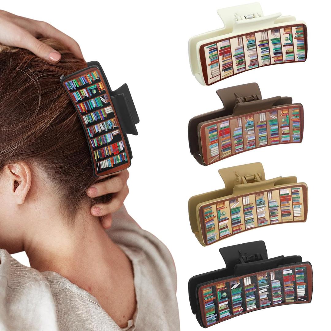 Riceshoot Bookshelf Hair Clips Teacher Appreciation Gifts Barrettes Accessories for Women Book Lovers Graduation Librarian Gifts Funny Matte Leather Hairpins in Neutral Colors