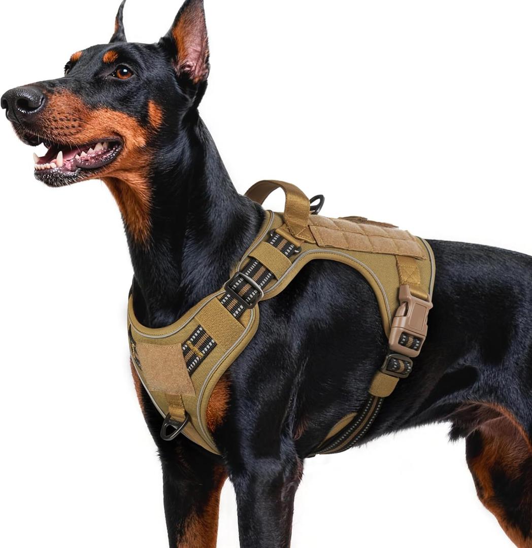 rabbitgoo Dog Harness for Large Dogs No Pull, Tactical Service Pet Vest with Molle and Control Handle, Adjustable and Reflective Military Harness for Easy Walking and Training, Brown, L