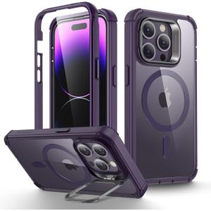 ESR for iPhone 14 Pro Case with Stand, Compatible with MagSafe, Full-Body Military-Grade Drop Proof Case with Built-in 9H+ Tempered Glass Screen Protector, Armor Series, Clear Purple