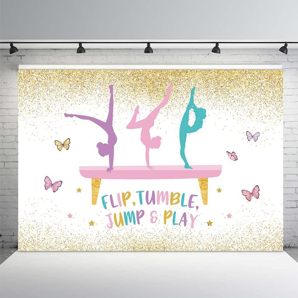 MEHOFOND Gymnastics Birthday Backdrop for Girls Gymnasts Flip Tumble Jump and Play Party Decor Supplies Gold Glitter Photography Background Cake Table Banner Photo Booth Props 7x5ft