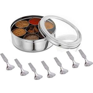 Stainless Steel Spice box with Non Breakable Transparent glass,Stainless Steel Spice Box with 7 container and 7 Small Spoons,Spice Box,Size 12 No,Color-Silver