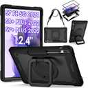 DETUOSI 360 Rotating Hybrid Case for Samsung Galaxy Tab S7 FE 5G/ S8+Plus/ S7+Plus 12.4" with S Pen Holder & Shoulder Strap, 360 Degree Swivel Kickstand Heavy Duty Hybrid Bumper Protective Cover (Black)