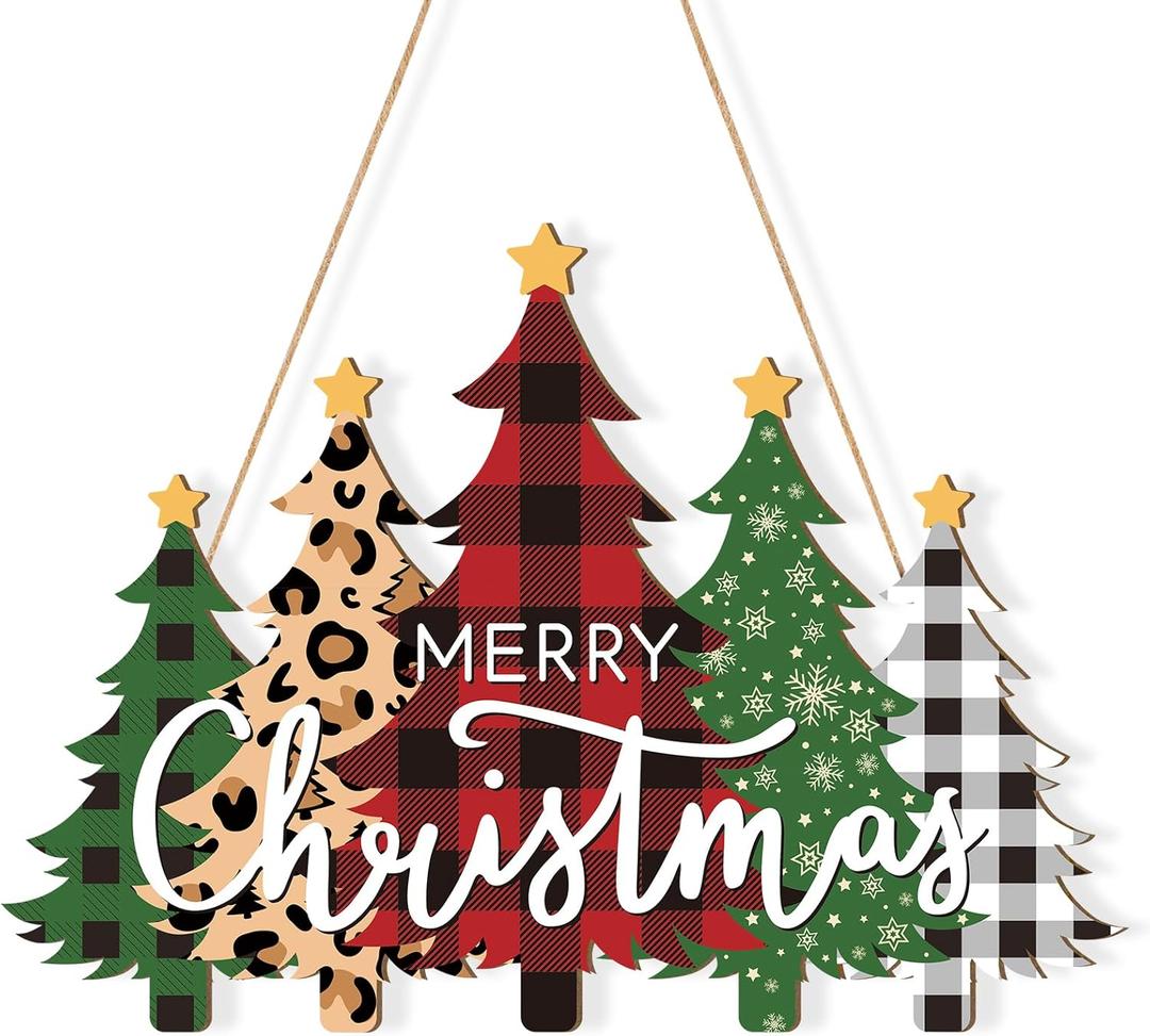 Wooden Christmas Tree Door Wreath for Front Door Sign Wall Signs, Merry Christmas Sign Black White Buffalo Plaid Welcome Hanging for Home Wall Decor Xmas Party Outdoor Indoor Supply (Large, Red)