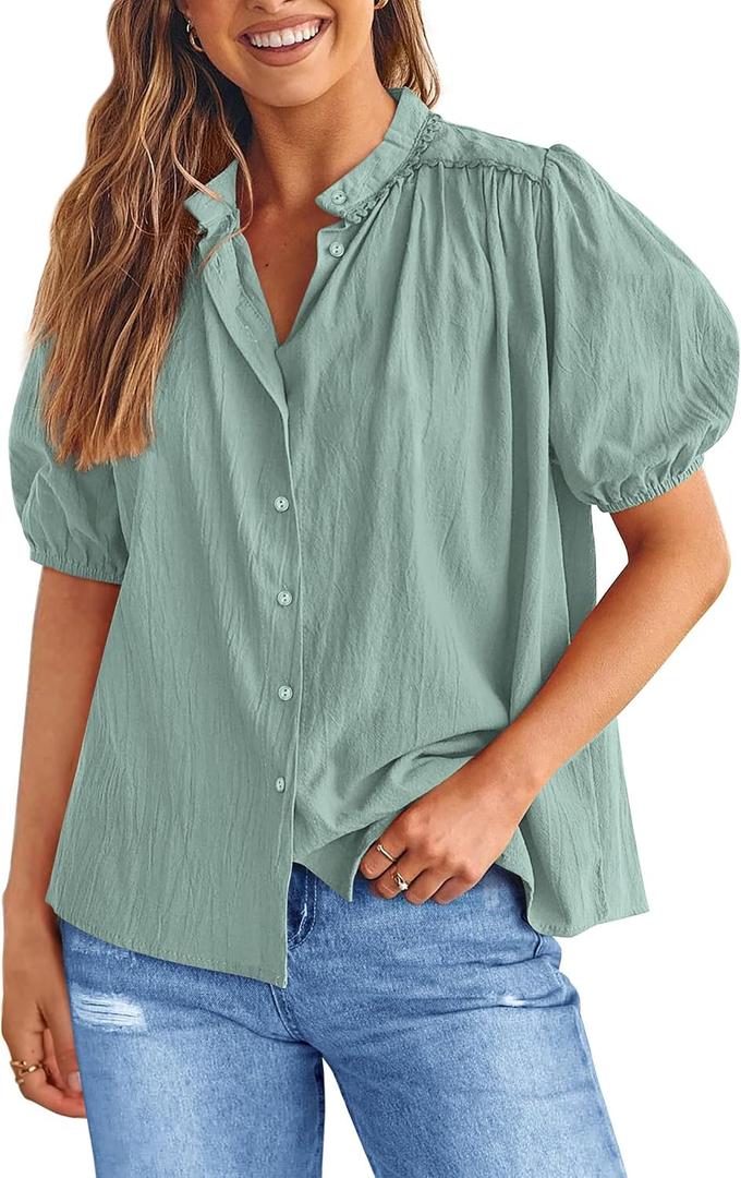 PRETTYGARDEN Women's 2026 Summer Button Down Shirts Short Lantern Sleeve V Neck Cotton Cute Tops Dressy Casual Blouses (S)