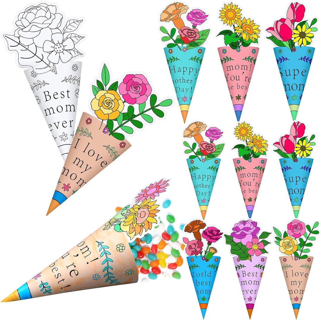 Fulmoon 24 Sets Mother's Day Crafts Color Your Own Mother's Day Bouquet Craft DIY Flowers Bouquet Gift for Mom Home Classroom Activities Party Supplies Decor