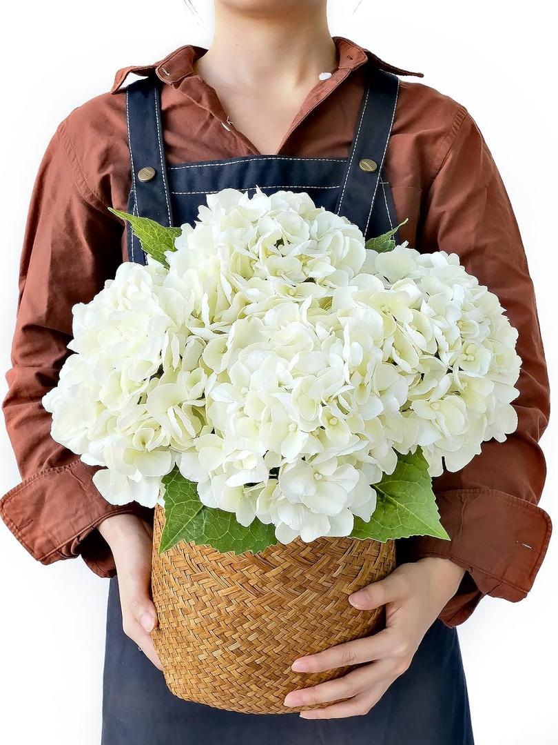 JINWOE 4PCS White/Cream Hydrangea Artificial Flowers, 21" Lifelike Latex Silk Real Touch Faux Hydrangea Flowers, Artificial Hydrangeas Bouquet for Wedding Centerpieces Tables Party Home