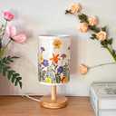 Dried Flowers Table Lamp, 7w Led 3-Color Pressed Floral Beside Lamp,Cute Vintage Linen Shade Desk Lamp for Bedroom Office with Wood Base