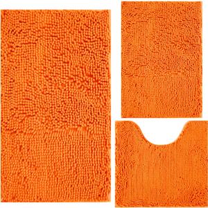 Bathroom Rugs Chenille 3-Piece Extra Soft and Absorbent Shag Bathroom Rugs, Machine Wash Mat, Strong PVC Non-Slip Underside, Plush Carpet Mats (Orange) (2'8" x 1'8" (16x24"+20x32"+20x20"U shape)