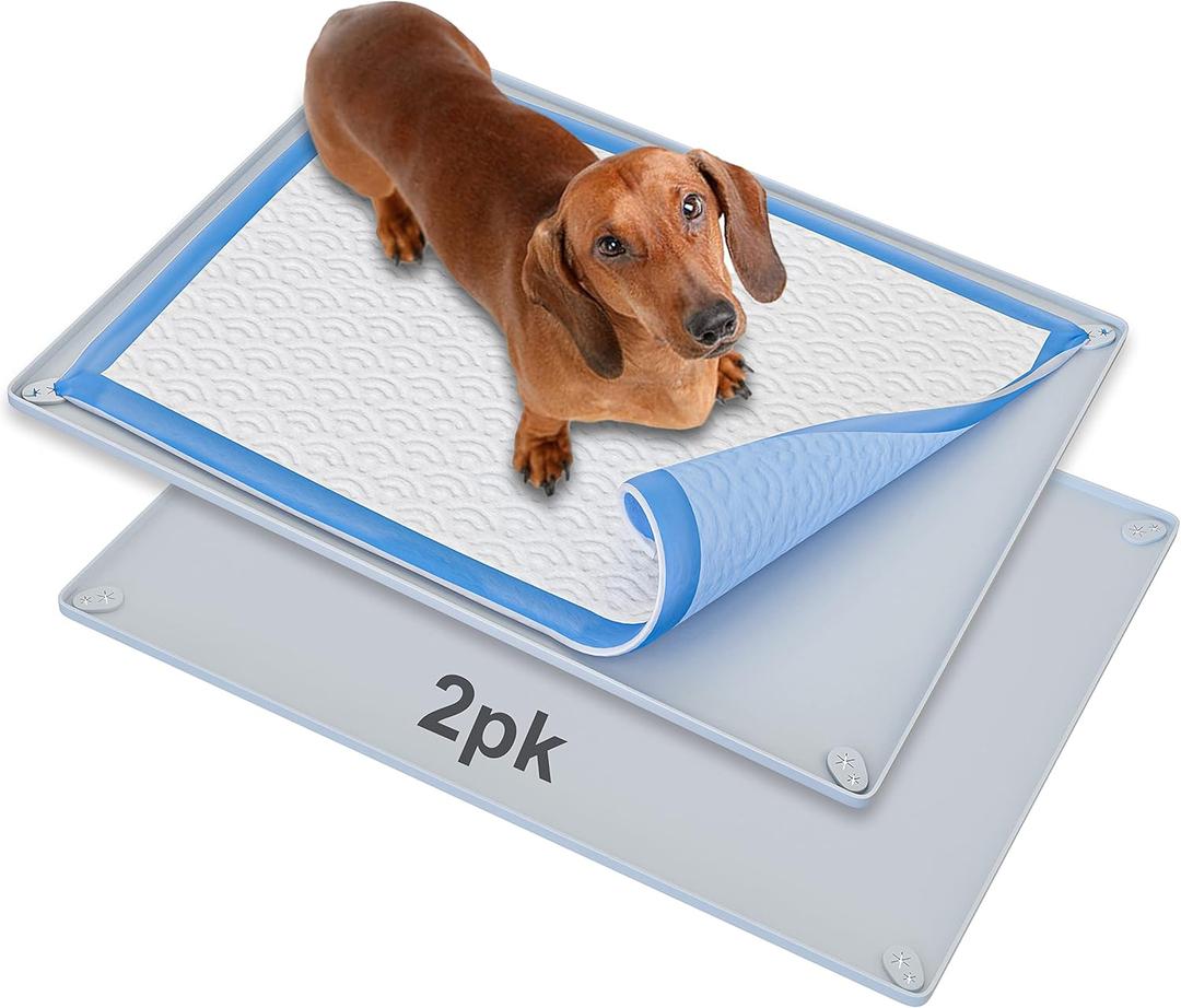 TidyFriend 2 Pk Pee Pad Holder Tray for 30 x 23 Pee Pads with Corner Lock Holes, Raised Edges, Non-Spill, Easy to Clean Silicone Dog Potty Tray Holder, For Indoor Floor Protection (Light Grey)