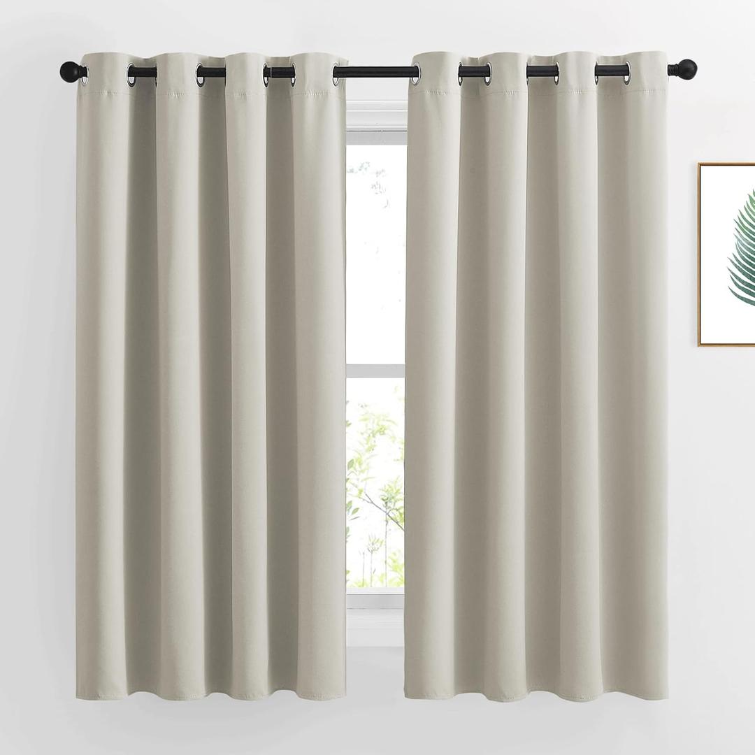 NICETOWN Natural Blackout Curtains 63 inch Long - Grommet Window Treatment Thermal Insulated Solid Room Darkening Sound Dampening Drapes for Living Room, 2 Panels, W52 x L63
