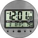 Atomic Digital Wall Clock Battery Operated, Self-Setting, Large Display with Temperature, Date, Day of The Week, Seconds, Round Wall Mount Digital Clock - 4 Time Zones, DST, Aluminum Metal Dial