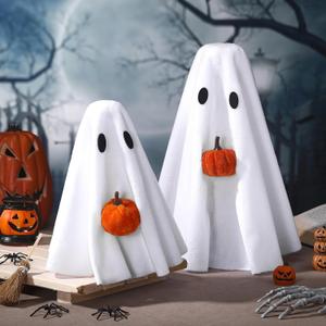 Amyhill 2 Pcs Halloween Ghost Decor Indoor, Spooky Halloween Decorations with Pumpkin Ghost Table Decor for Home Table Centerpiece Shelves Mantel Kitchen Office Fireplace Party (White)