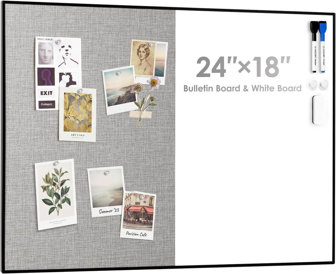 Cork Board White Board Combo
24"X18" Linen Bulletin Board Whiteboard for Wall, Magnetic Dry Erase Corkboard for Home, Office, School, Grey