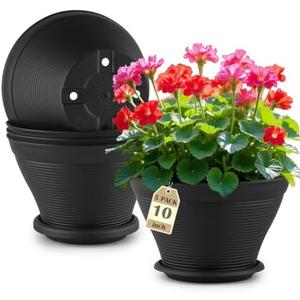 RooTrimmer 5 Pack 10 Inch Plant Pots with Saucers, Plastic Flower Pots with Drainage Holes, Large Planters for Indoor Outdoor Garden, House Plants, Flowers, Herbs, Gardening Gifts, Black