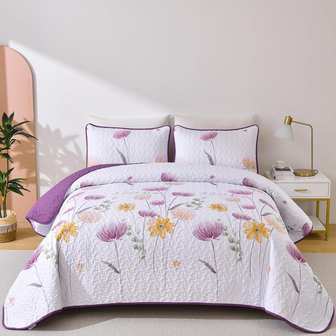King Size Quilt Set Floral,3 Pieces Purple Yellow Quilts Bedding Set Flower Bedspreads Bed Cover Lightweight Spring Quilt Cute Botanical Coverlet Sets for King Bed (90"x104") (Purple and Yellow)