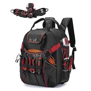 Nixjoro Heavy Duty Tool Bag Backpack, Full-Open Water Resistant Tool Storage and Organization with USB Charging Port for Electricians, Mechanics, HVAC Engineers (Red)