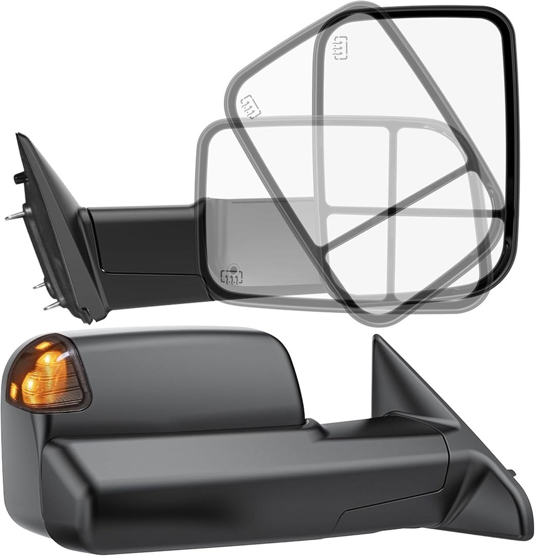 Smoked Power Heated Tow Mirrors Compatible with 2002-2008 Dodge Ram 1500, 2002-2009 2500 3500, Manual Flip & Fold Tow Side Mirrors, Turn Signal, Black Housing