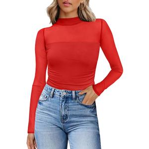 Womens Sexy Mesh Long Sleeve Shirts Fashion Clothing Turtle Necks Sheer Ruched Going Out Tops Fall Outfits Slim Fit Blouses (Red, M)