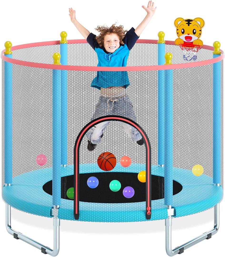 55" Trampoline for Kids, Telawah Indoor/Outdoor Mini Baby with Safety Enclosure Net, Adjustable Toddler with Basketball Hoop, Gifts for Boys & Girls (Blue)
