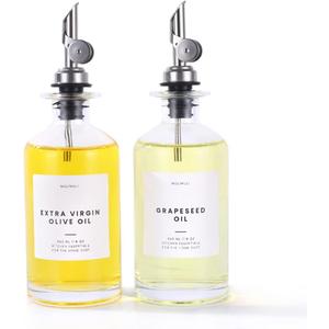 Molimoli Oil and Vinegar Dispenser with Metal Pour Spout, Weighted Pourer, Glass Bottle Dispenser for Kitchen, Olive Oil Cruet, Glass Olive Oil Bottle | 350ml, Set of 2 (Silver)