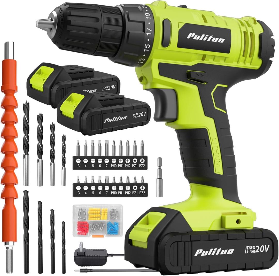 PULITUO'S 20V Cordless Drill/ Driver, Electric Screwdriver - 2 Batteries, 30Nm, 21+1 Torque, 2 Speed, Keyless 3/ 8" Chase Drill with LED Light, Kit for Home (Green)