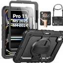 SEYMAC for iPad Pro 11 Inch Case M5 2025 / M4 2024, Heavy Duty Shockproof Protective Case with Screen Protector, 360 Rotating Stand, Hand/Shoulder Strap and Pen Holder, Black