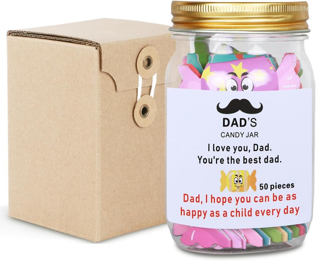 Father's Day Gifts For Dad, Birthday Gifts For Men From Daughter, Son - New dad Gift, Candy Card Jar For Dad -Thanks, praise, positive encouragement Jar with 50 Candy Card
