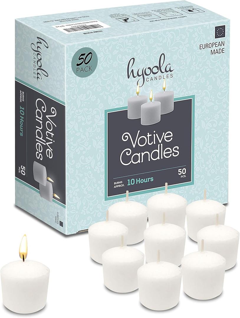 Hyoola Votive Candles - 10 Hour Burn Time - Unscented Candles Votives Bulk - Pack of 50 White Candles - European Made