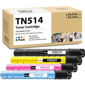TN-514 TN514 Toner Cartridge Set Replacement for Konica Minolta TN-514 TN514K TN514C TN514M TN514Y A9E8130 A9E8430 A9E8330 A9E8230 for Bizhub C458 C558 C658 Printers, 4 Pack TN514 Ink Cartridge CMYK