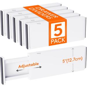 Lifewit 5 Pack 5" High Drawer Divider, 13.5-22" Expandable Deep Drawer Dividers for Clothes, Adjustable Dresser Drawer Organizers, Clothing Drawer Separators for Dresser, Kitchen, Bedroom, White