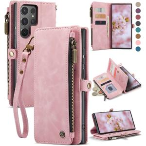 Defencase for Galaxy S25 Ultra Case Wallet with RFID Blocking Card Holder for Women Men, PU Leather Magnetic Snap Flip Wristlet Strap Zipper Wallet Phone Cases for Samsung Galaxy S25 Ultra 6.9", Pink (Airy Rose Pink)