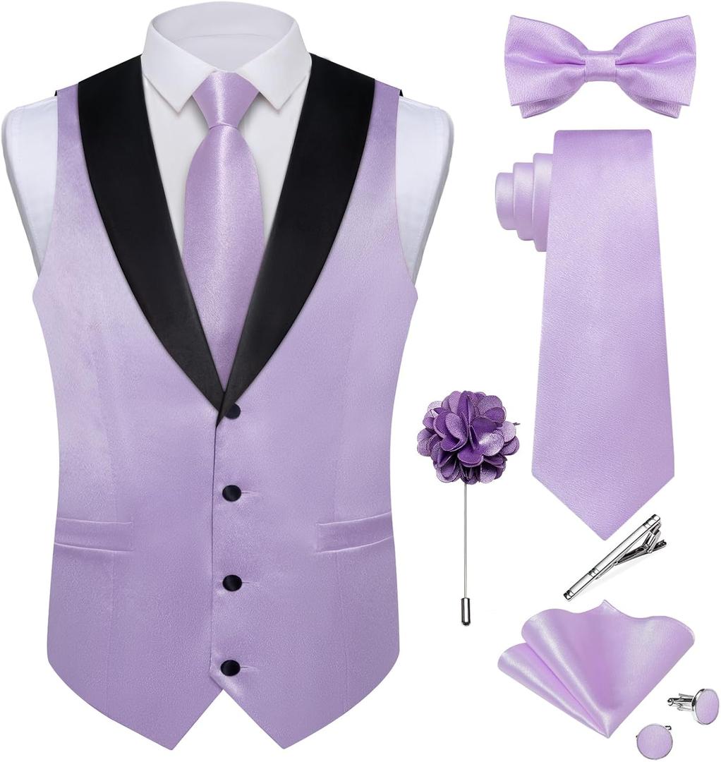 DiBanGu Mens Shiny Satin Vest Tie Set 8PCS Solid Waistcoat and Pre-tied Bowtie Shawl Collar Dress Vest for Wedding Formal (Small, Lilac)