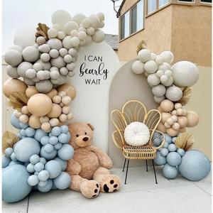 Dusty Blue Brown Balloon Garland Double Stuffed Blue Tan White Sand Grey Latex Neutral Balloon Arch Kit For Teddy Bear Baby Shower Boho Birthday Gender Reveal Party Decoration
