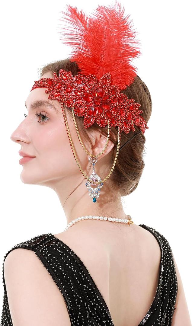 Rulala Fancy Feather Headpiece 1920s Flapper Headband Bling Rhinestone Great Gatsby Headwear Accessories for Women (Red)