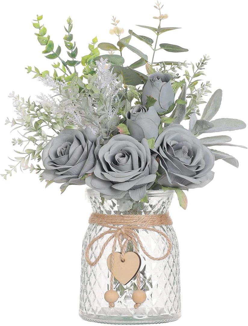 Faux Flowers with Vase,Artificial Silk Roses in Vase, Fake Plant Eucalyptus Flower Arrangement for Home Office Farmhouse Bathroom Dining Table Centerpiece Decorations Coffee Table Decor (Grey Blue)