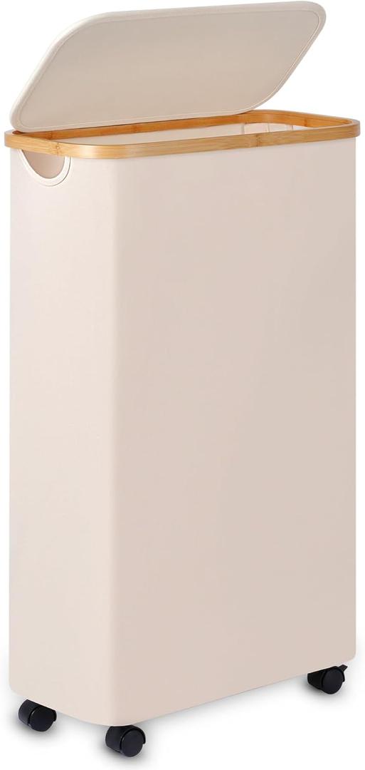 Merkisa Slim Laundry Basket with Wheels, Narrow Hampers for Laundry, Freestanding Laundry Hamper with Lid&Bamboo Handles, Collapsible & Waterproof Tall Cloth Hamper for Dorm Family(60L Beige)