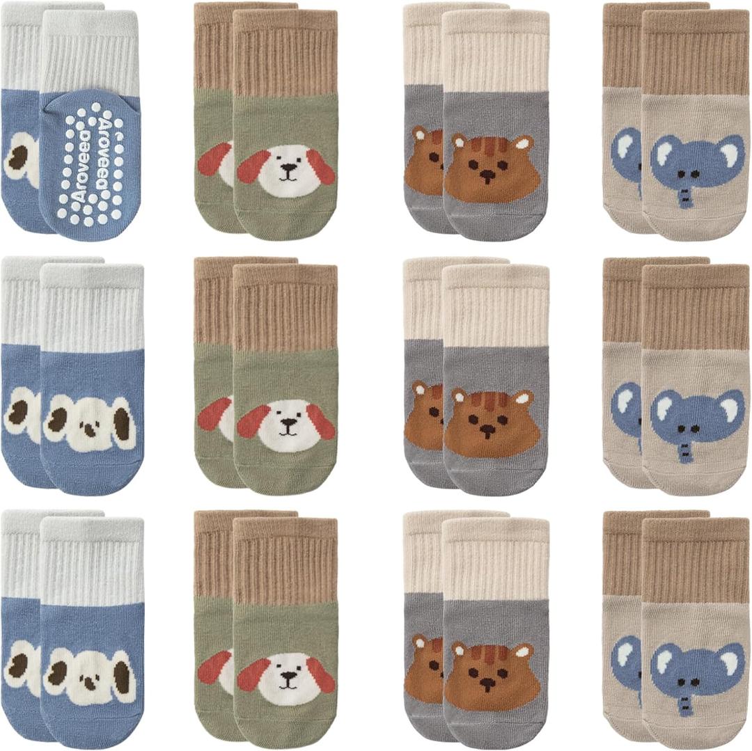 Non Slip Grip Ankle Baby Socks 12 Pack for Toddler Boys and Girls Kids,Infant Cute Cotton Baby Socks (3-5T, Animal5)