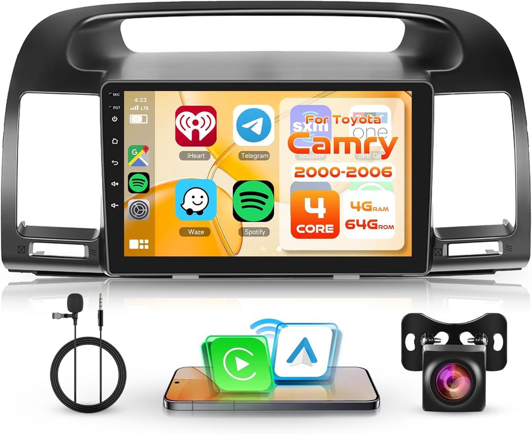 4G 64G Android Car Stereo Radio for Toyota Camry 2000 2001 2002 2003 2004 2005 2006 Wireless Carplay Android Auto, 9'' Touchscreen Head Unit Bluetooth Mirror Link GPS WiFi FM/RDS DSP Backup Camera SWC
