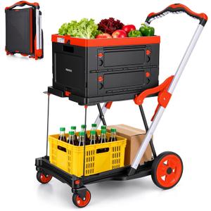 200lb Folding Hand Truck Shopping Cart, 360 Swivel Wheels with Brakes,Red