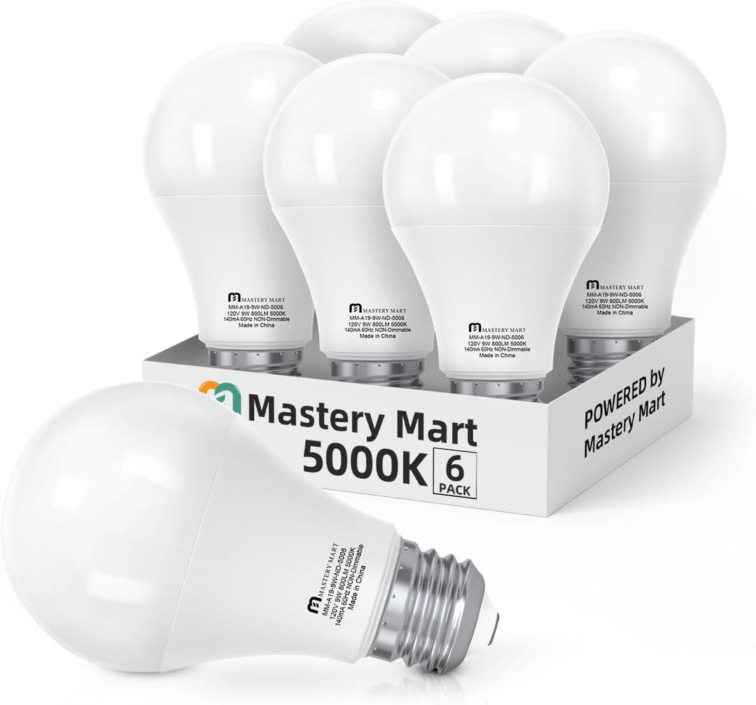 MASTERY MART A19 LED Bulbs 60 Watt Equivalent, 9W Non-Dimmable, Flicker-Free, 800 Lumens, Bright Daylight White 5000K, E26 Base, 15000 Hours, Energy Saving, Bright for Living Room, Bedroom, 6 Pack