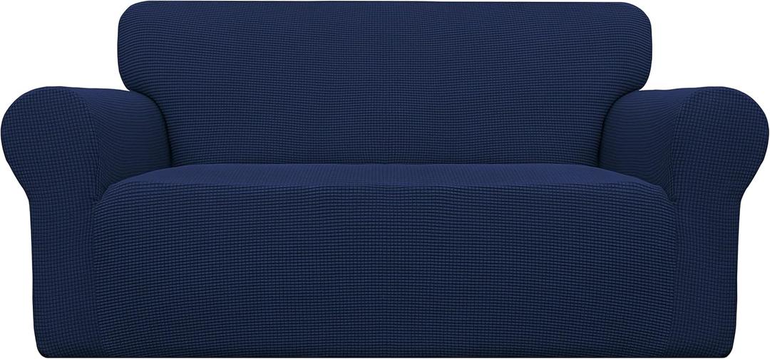 Easy-Going Stretch Loveseat Slipcover 1-Piece Sofa Cover Furniture Protector Couch Soft with Elastic Bottom for Kids Polyester Spandex Jacquard Fabric Small Checks (Loveseat, Navy)