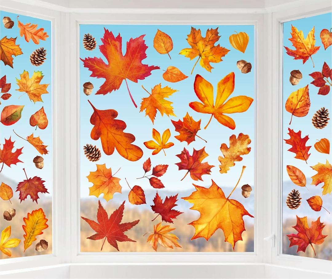 Whaline 9 Sheet Fall Maple Leaves Window Clings Pumpkin Double-Sided Window Decals for Fall Autumn Thanksgiving Harvest Home School Office Accessories Party Supplies Gifts Pack of 2