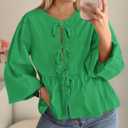 PRETTYGARDEN Women's Spring Fall Babydoll Peplum Blouse Shirt Puff Long Sleeve Bow Tie Front Trendy Cute Y2K Going Out Tops (Green, L)