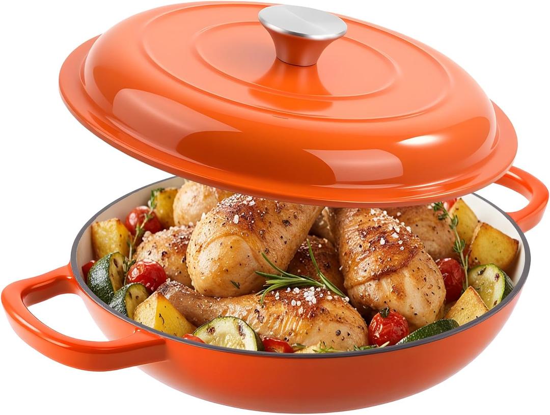 3 Quart Enameled Cast Iron Braiser, Non Stick Enameled Cast Iron Skillet with Lid, Dutch Oven Skillet with lid up to 500F for Oven, Stove, Grill, Shallow Dutch Oven for Cook, Bake (Orange)