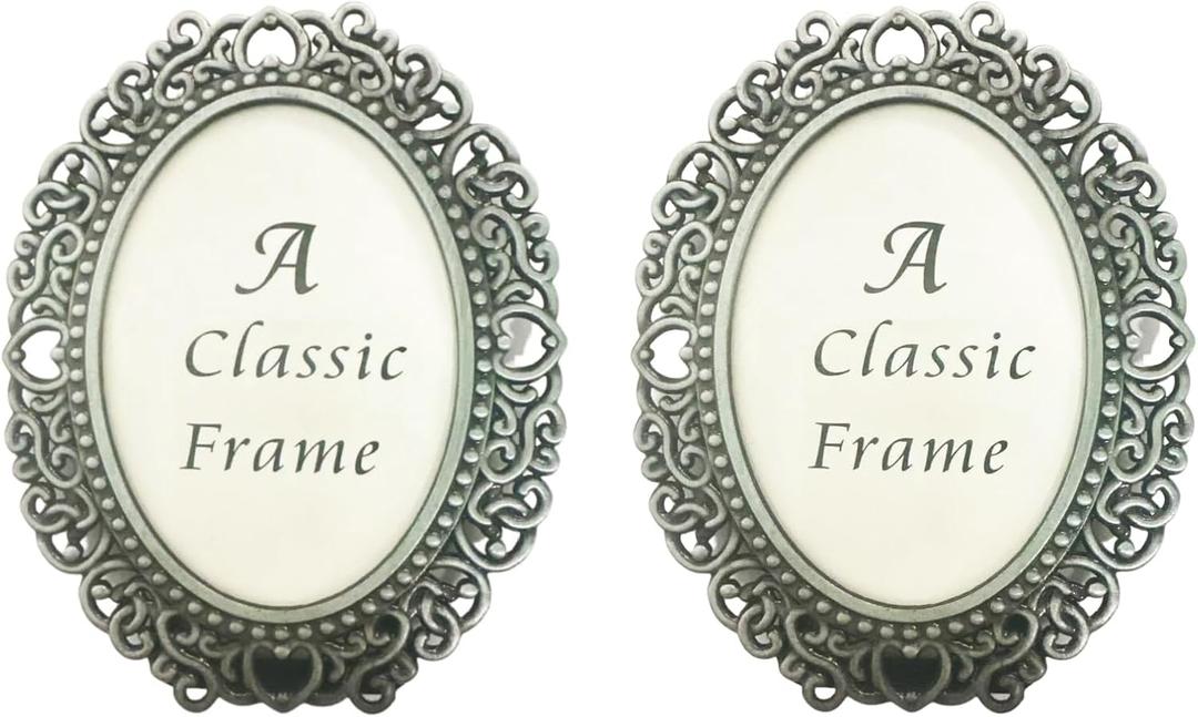 2 Pack Mini Metal Vintage Picture Frame, 2x3 Inch Retro Small Photo Frame in Heart Oval Rectangle Round Shapes (Oval, Retro Silver, 2x3)