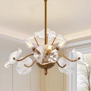 Modern Gold Chandelier, Vintage Brass Flower Glass Pendant Light Fixture, 16.25 inches by 17.75 inches