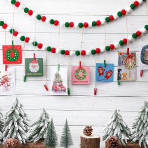 Amyhill 2 Pcs Christmas Hanging Photo Display with Clips 9.8 ft Pom Pom Garland Christmas Holiday Card Picture Frame 4 Feet DIY Green Red Photo Holders for Xmas Holiday Country Decor