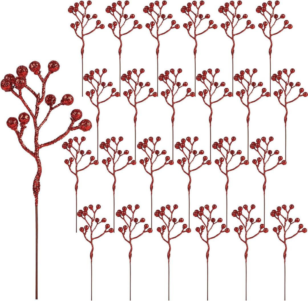 CCINEE 24 Pack Christmas Artificial Red Berry Stems,6.9 Inch Xmas Red Glitter Berry Picks Holly Branches for Christmas Tree Ornaments Xmas Wreath DIY Crafts Home Holiday Decor