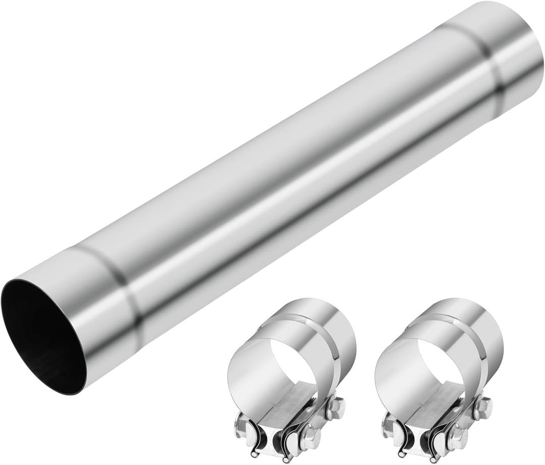 LCGP 3 Inch Straight Exhaust Pipe, 3" Stainless Steel Straight Muffler Replacement Pipe, 20" Length Mandrel Exhaust Tube with Two Lap Joint Band Clamps(New Version)